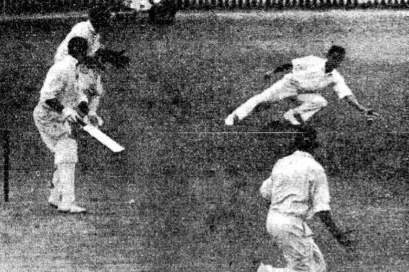 Garfield Sobers watches tensely after edging a ball from Alan Davidson at the Gabba.
