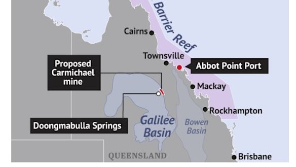 Adani's proposed Carmichael coal mine showing the location of the ancient Doongmabulla Springs.