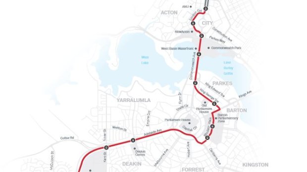 A map of the ACT government\'s preferred stage two light rail route through Parkes and Barton