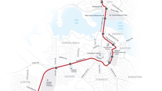 A map of the ACT government's preferred stage two light rail route through Parkes and Barton
