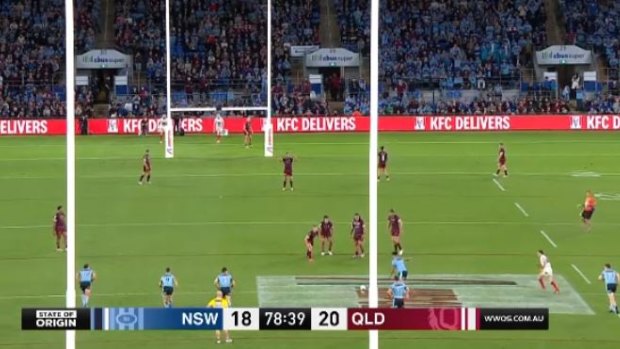 Daly Cherry-Evans encroaches on Latrell Mitchell taking late penalty in Origin 3.