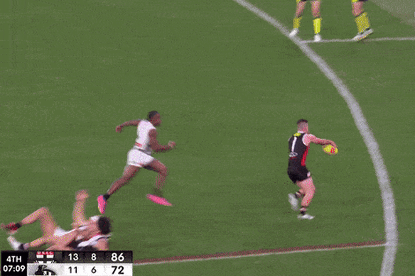 Jack Higgins boots a memorable fourth quarter goal from right on the boundary.