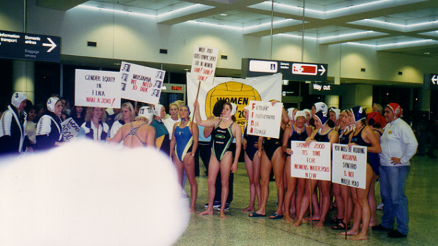 Australians protest against the exclusion of women's water polo from the Olympics in 1997.