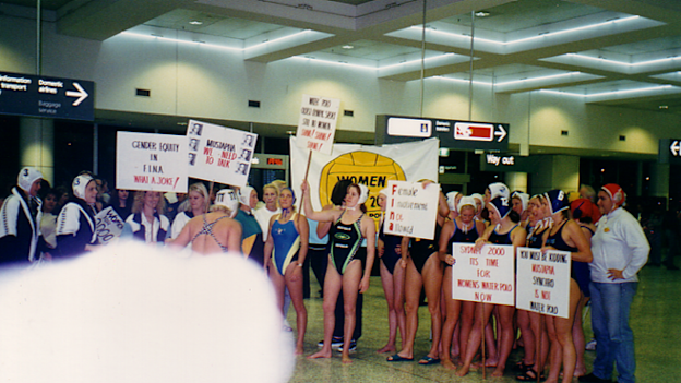 Australians protest against the exclusion of women's water polo from the Olympics in 1997.