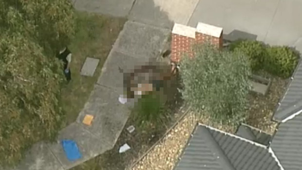 An aerial view of the scene in Meadow Heights where two men died after a shooting.