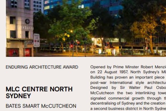 The design of the MLC Centre North Sydney won the NSW Architects Enduring Architecture Prize in 2021. It was designed by Bates Smart McCutcheon and completed in 1957.