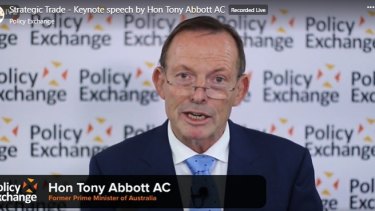 Former Australian PM Tony Abbott, now a trade representative for the British government, speaking at UK think tank Policy Exchange.