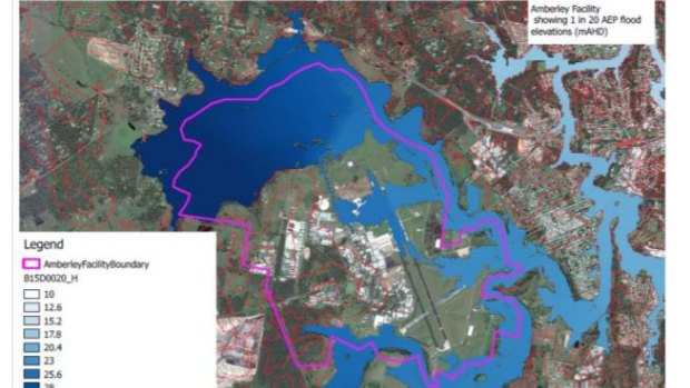 This map shows how RAAF Base Amberley is impacted by floodwaters from the Bremer River River and Warrill Creek. 