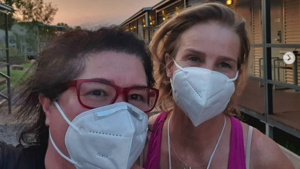 Quarantine at Howard Springs for Rachel Griffiths (right) and Rita Arrigo.