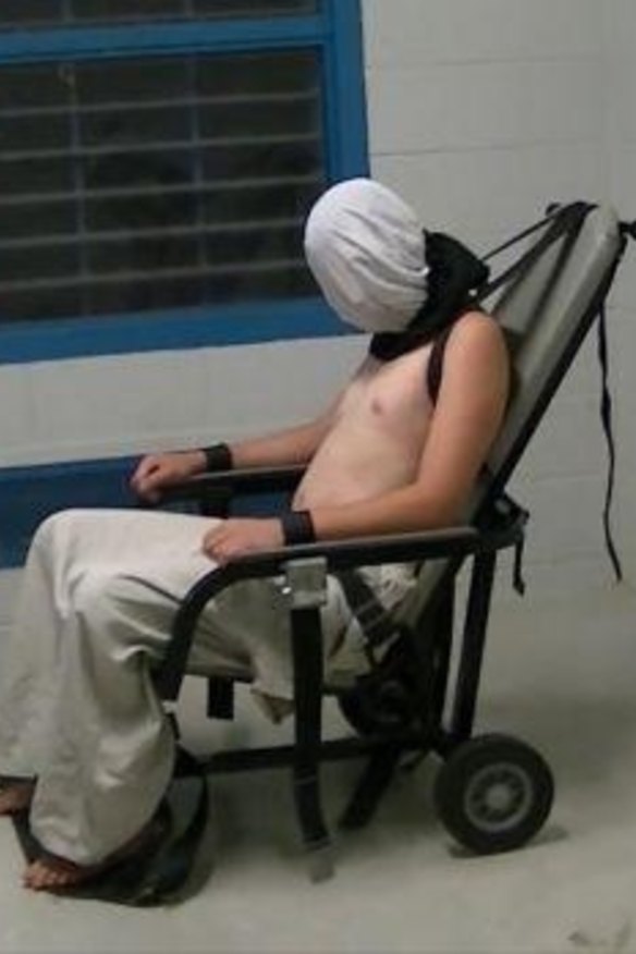 Shackles and a spit hood: Dylan Voller at the Don Dale Youth Detention Centre. 