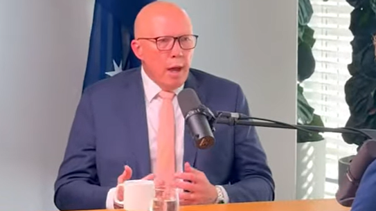 Opposition Leader Peter Dutton speaking with Sam Fricker