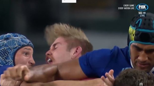 The moment: Sebastien Vahaamahina elbows Wales flanker Aaron Wainwright in the jaw.