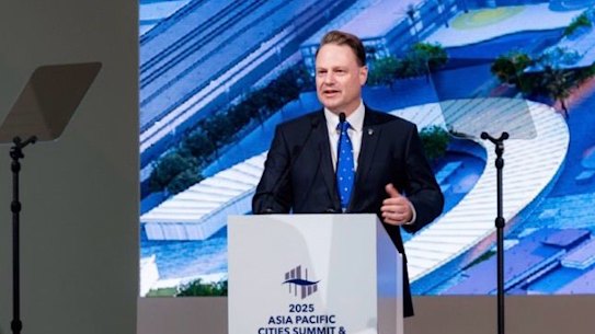Brisbane Lord Mayor Adrian Schrinner speaks at the Asia Pacific Cities Summit & Mayors’ Forum in Dubai.