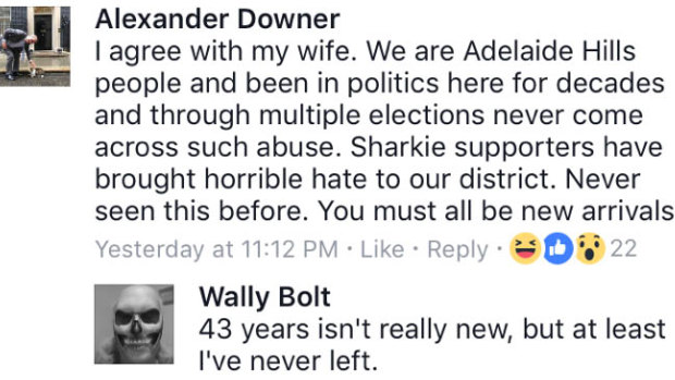 A screenshot of Alexander Downer's Facebook post in the Adelaide Hills chat group.