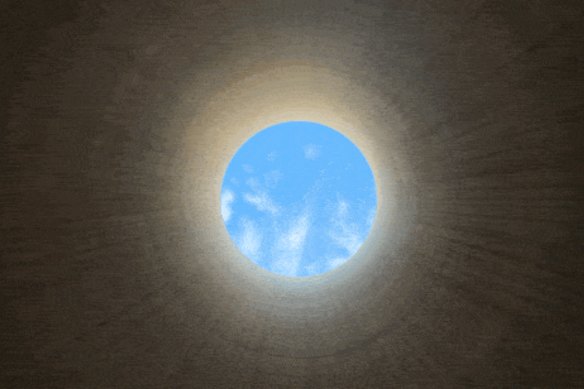 Looking up from inside the cooling tower of the now defunct Wallerawang power plant outside Lithgow.