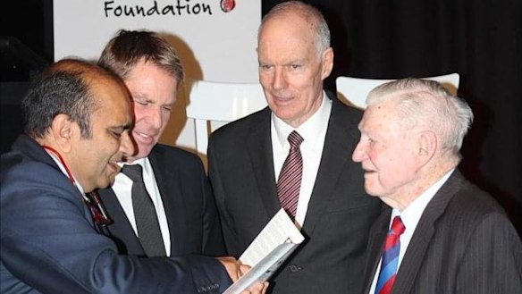 Darshak Mehta, Shane Warne, Greg Chappell and Neil Harvey at a Chappell Foundation fundraiser.