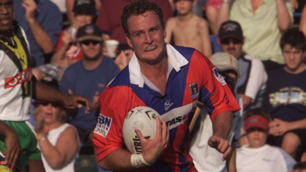 Hughes in his heyday with the Knights, with whom he won two premierships and played 187 first-grade matches.