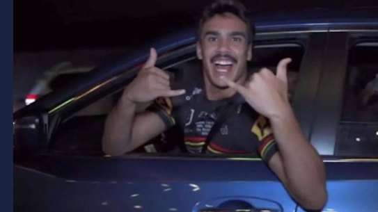 Wests Tigers fullback Daine Laurie in a Penrith Panthers jersey on Sunday.