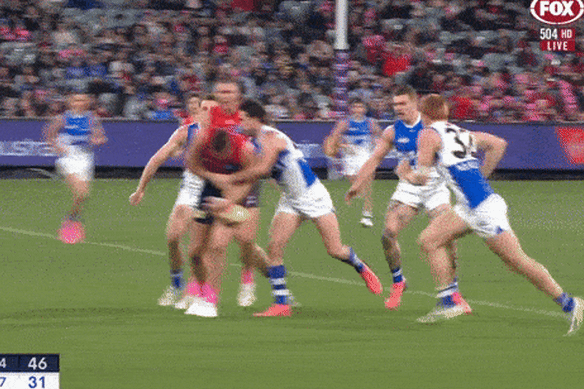 The contentious moment at the MCG on Saturday night.