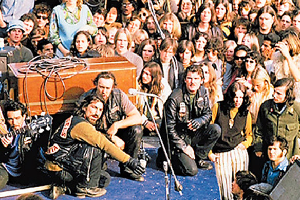 Still from the documentary film Gimmie Shelter shows the Hells Angels providing security at the Altamont festival, 6 December, 1969.
