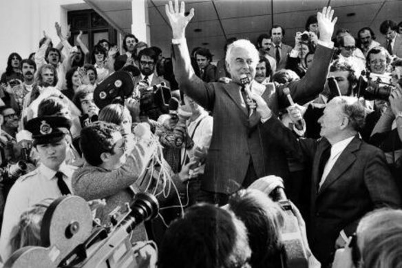 Former prime minister Gough Whitlam on the steps of Parliament House after his dismissal in 1975.