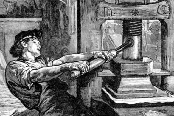 The Catholic Church feared, correctly, the Johannes Gutenberg’s printing press, depicted here in an etching, would damage its standing as the moral authority.