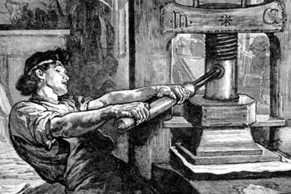 The Catholic Church feared, correctly, the Johannes Gutenberg’s printing press, depicted here in an etching, would damage its standing as the moral authority.