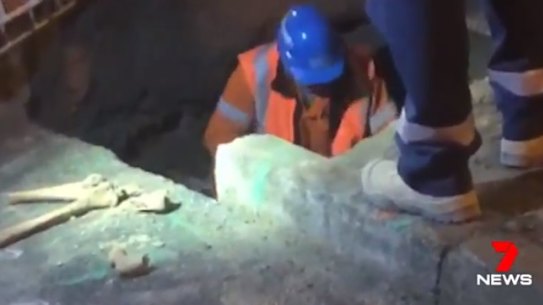 Footage shows Sydney light rail project worker joking, tossing human bones