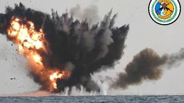 A small, unmanned speed boat allegedly strapped with explosives is blown up in the Red Sea by the Saudi Royal Navy. 