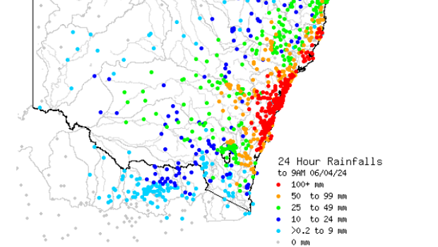 Bureau of Meteorology map showing rainfall over the past 24 hours. 
