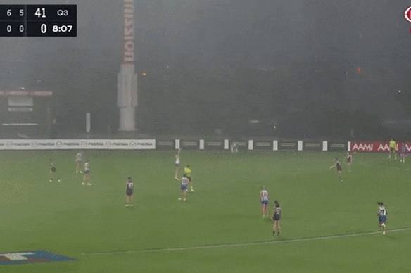 Rainfall in the AFLW game on Friday night between North Melbourne and Port Adelaide.