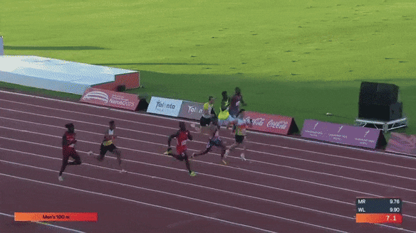 Australian sprinter Lachlan Kennedy crosses the finish line in a personal best 9.98 seconds at the Kip Keino Classic in Nairobi, Kenya.