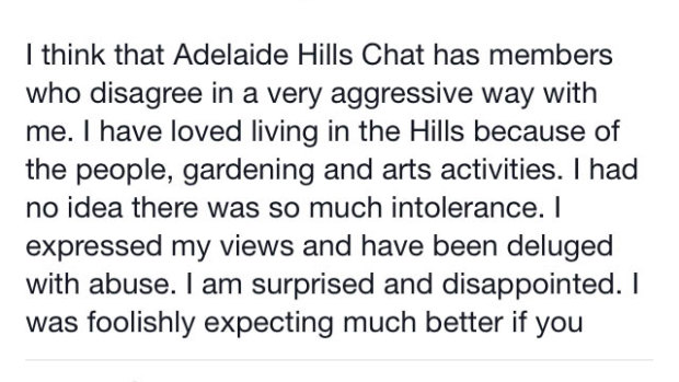A screenshot of Nicky Downer's Facebook post in the Adelaide Hills chat group.