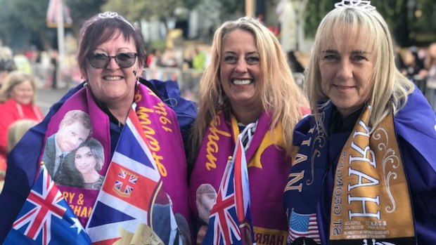 South Australian sisters Bev Prestwich and Michelle Kenchington with their English cousin Jane Aylward (centre) have been camping out since 4:30am. 