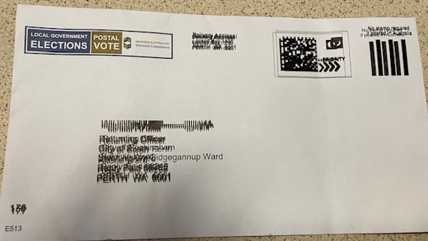 The illegible return address on the WAEC voting pack sent to a South Perth voter earlier this month.