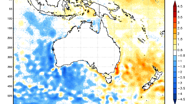 Sea temperatures are up to three degrees warmer than average off the NSW coast in the week of May 19, 2019. 
