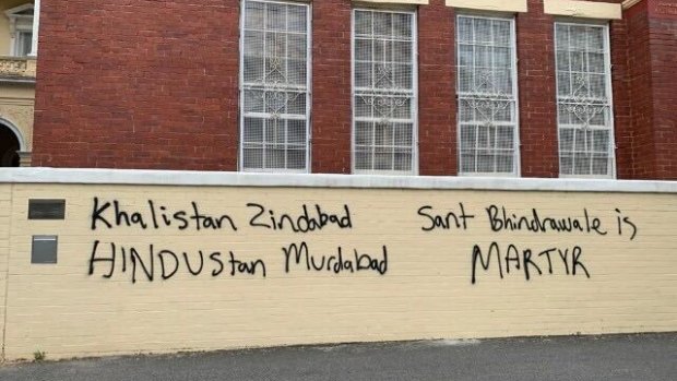 Graffiti on the wall outside the ISKCON Hare Krishna Temple in Melbourne in January.
