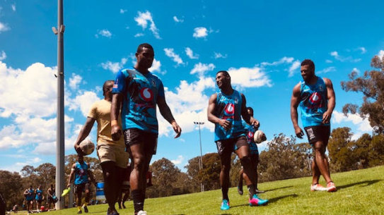 Suliasi Vunivalu (centre) joins his Fijian teammates at training in St Mary's on Thursday ahead of the World Cup 9s.