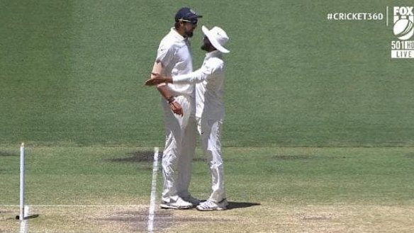 Heated exchange: Ishant Sharma and Ravi Jadeja.