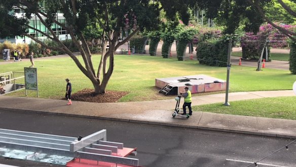 Lime scooters were collected by security guards at South Bank on Friday morning.