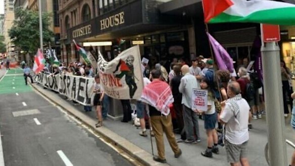 A protest across the road from the Great Synagogue in Sydney.