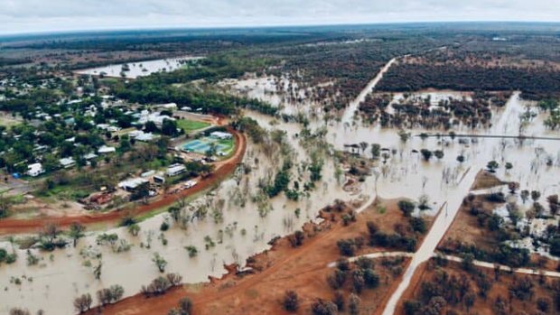 Floodwaters at Bollon, about 100 kilometres west of St George.