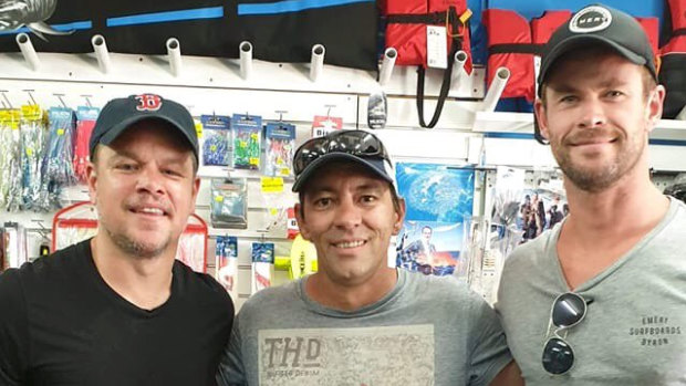 Chris Hemsworth and Matt Damon at a tackle shop in Carnarvon. 