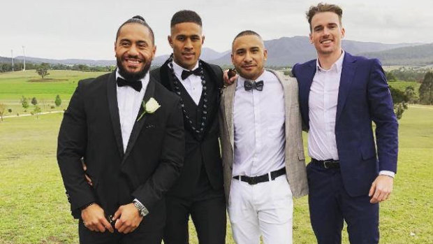 Michael Chee Kam (second from left) with Jorge Taufua, Jamil Hopoate and Clint Gutherson at his  wedding last year.