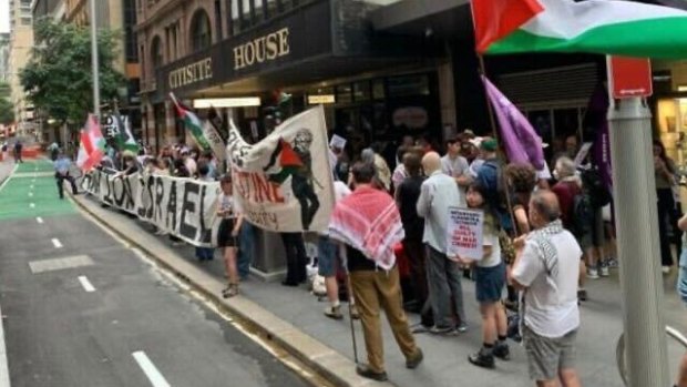 A protest across the road from the Great Synagogue in Sydney.