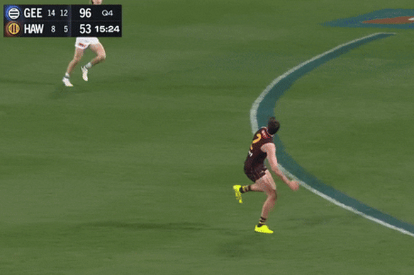 Hawthorn’s Mitch Lewis copped this heavy knock against Geelong.