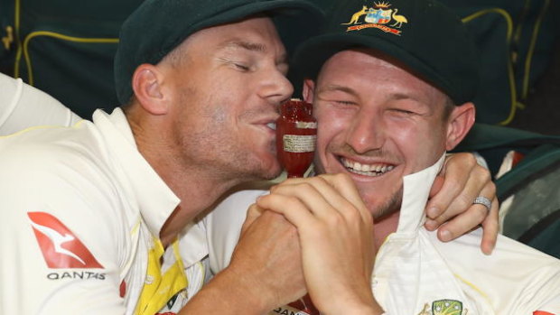 Happy times: David Warner and Cameron Bancroft celebrate winning the Ashes.