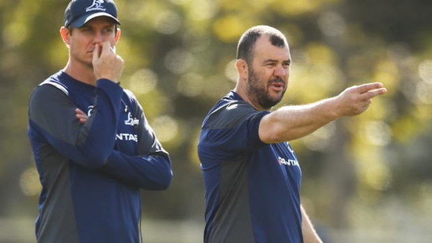 Behind you all the way: Sacked Wallabies assistant Stephen Larkham (left) and head coach Michael Cheika.