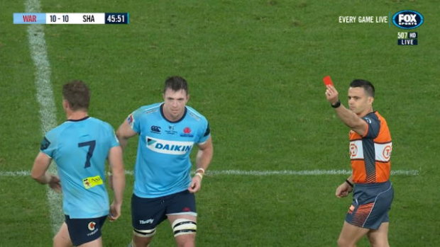 Red faced: The Waratahs suffered a 23-15 shock loss to the Sharks at the new BankWest Stadium, after Jed Holloway was given a red card for a swinging high elbow against Thomas du Toit. 