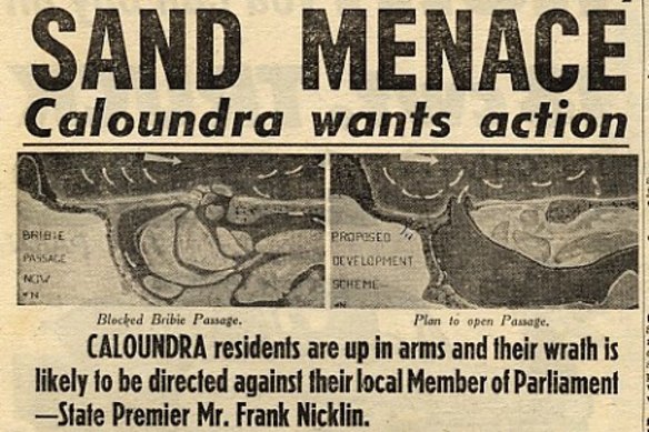 A Sunday Telegraph clipping from 1964 details community backlash after the northern end of Pumicestone Passage was filling with sand.